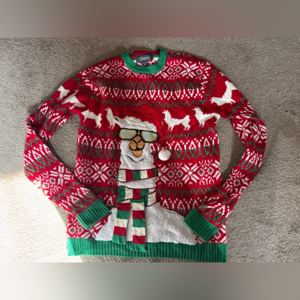 Men's Red Holiday Llama Sweater with Green Trim